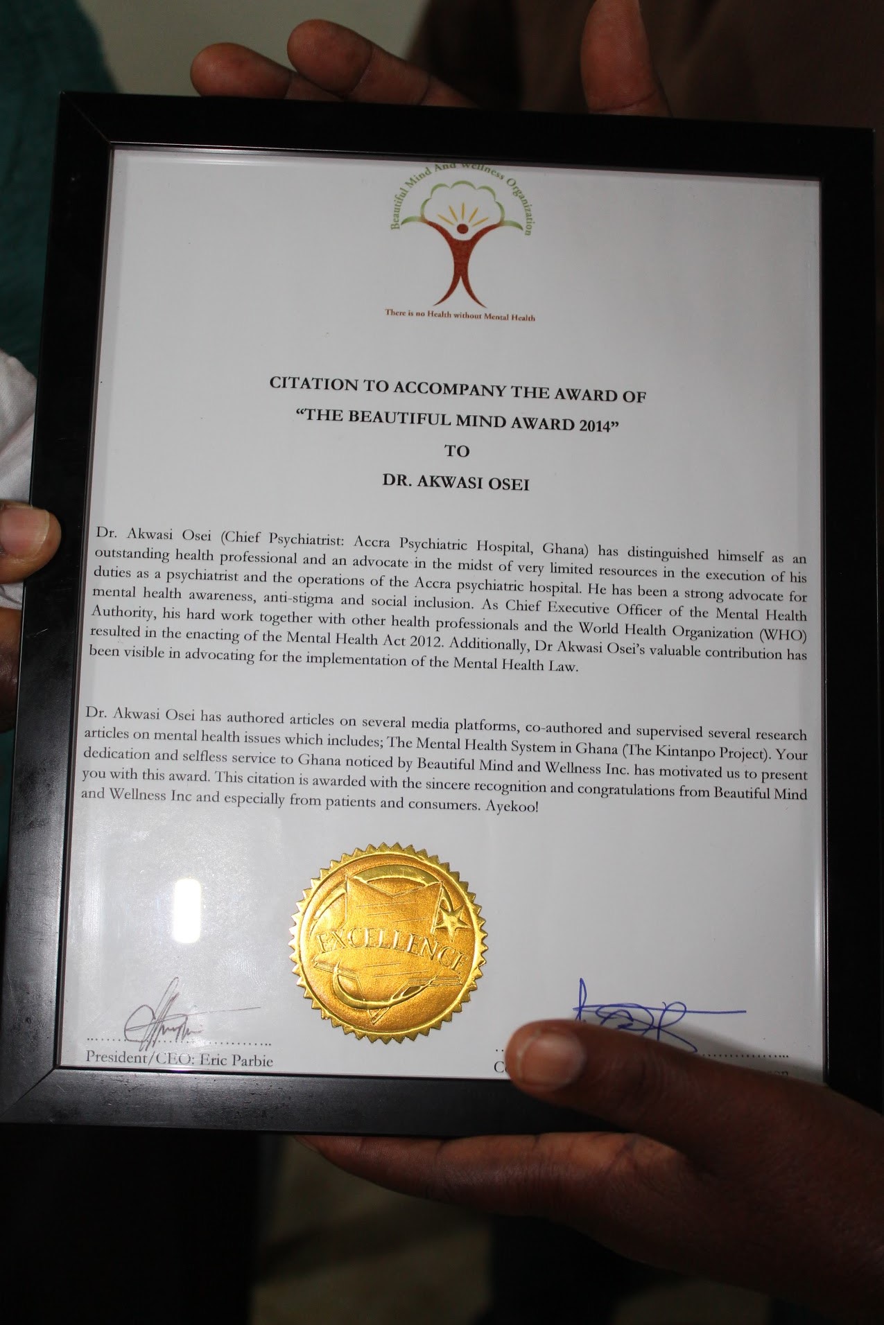 Beautiful Mind Award 2014 citation for Dr. Akwasi Osei